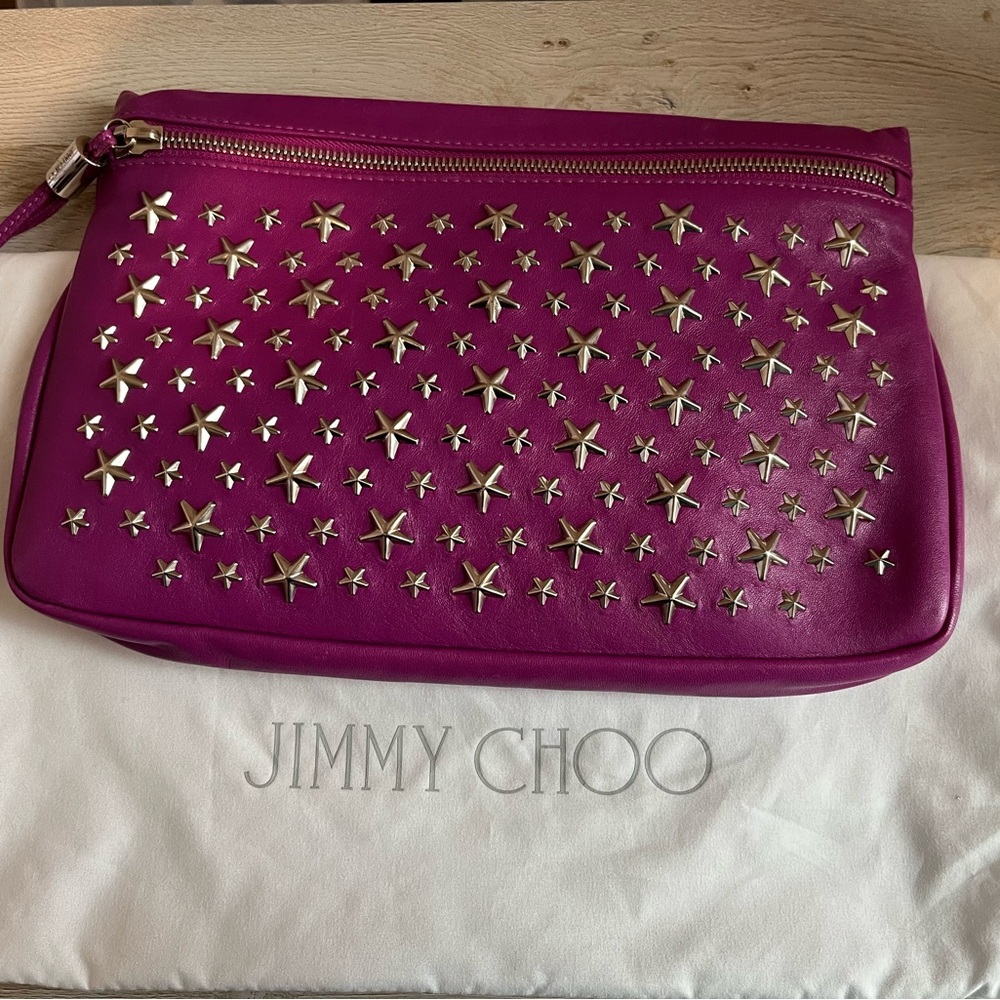 EUC NO CALLOUTS Jimmy Choo zippered star studded boho pink clutch